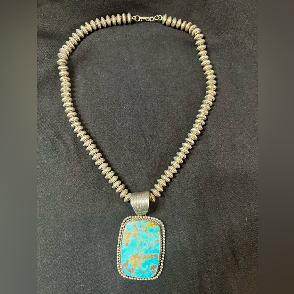 Vintage Larry Pinto Sterling Silver Navajo Pearls &John Dodson TURQUOISE pendant